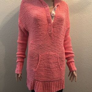 Caslon Coral V-Neck Snap-Up Long Hooded Sweater SZ Small